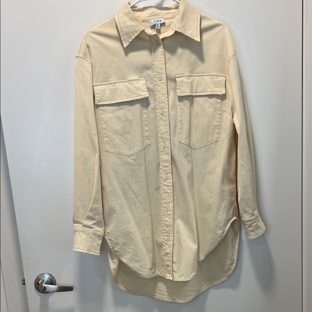 Fate Womens Tan Oversized Casual Button Down Shirt